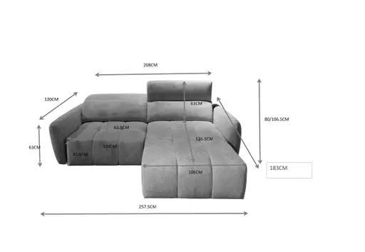 Ecksofa MADAN - 1,5-Sitzer mit Longchair rechts, Sitztiefe verstellbar motorisch, Kopfteil verstellbar, Stoff, Truffle