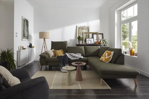 Ecksofa Gotera - 1,5-Sitzer med. + 1,5-Sitzer med. links mit Ecke und Abschlussteil rechts inkl. Rückenlehne verstellbar, Stoff, Olivgrün