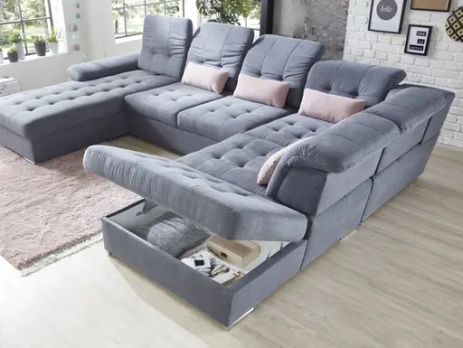 Wohnlandschaft - Longchair links, 3-Sitzer, Ecke rechts inkl. Kopfteilverstellung, Armteilverstellung in Flachgewebe blaugrau