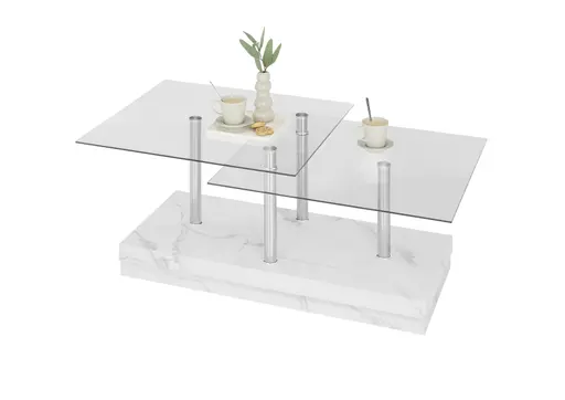 Couchtisch - LB ca. 110x60 cm, Glas, Edelstahloptik, Weiß marmoriert