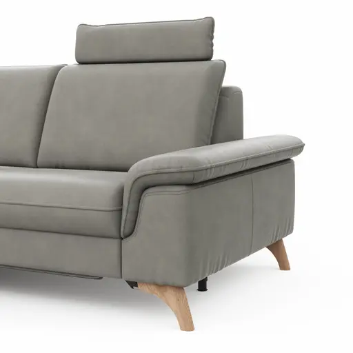 Ecksofa Tulsa KS - 1,5-Sitzer mit Anstellhocker aufklappbar links, Spitzecke und 2,5-Sitzer rechts, inkl. Kopfstütze, AL verstellbar und Schlaffunktion, Leder, Graubeige
