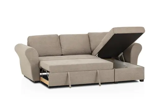 Ecksofa - 2-Sitzer mit Longchair rechts inkl. Schlaffunktion mit Bettkasten, Stoff, Trüffel