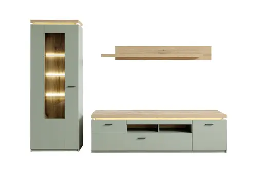 TV-Lowboard - mit Beleuchtung, B ca. 195 cm, Salbeigrün, Eiche Evoke Nachbildung