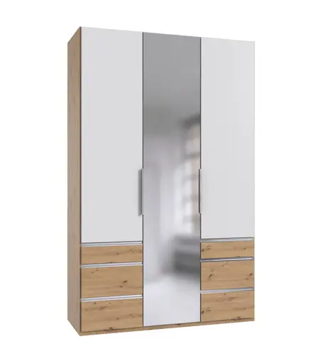 Drehtürenschrank- B ca. 150 cm, Eiche Dekor, Weiß, Spiegel