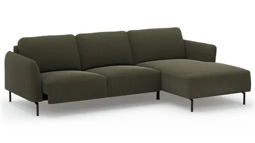 Ecksofa Leona - 3-Sitzer mit Longchair rechts inkl. Sitzvorzug motorisch, Stoff, Braungrün