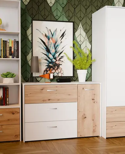 Kommode FILIPO- Weiß, Eiche Dekor