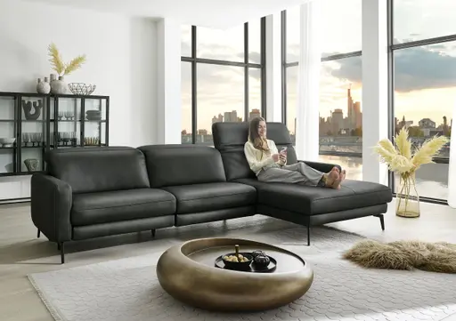 Ecksofa -3-Sitzer mit Longchair rechts, Kopfteil verstellbar, Leder, Anthrazit