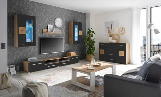 Wohnwand - mit Beleuchtung, Eiche Dekor, Schwarz