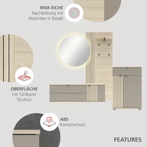 Garderobe - mit Beleuchtung, Riva Eiche Nachbildung, Basalt