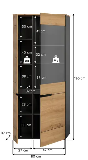 Vitrine - B ca. 80 cm, Basalt grau, Artisan Eiche Nachbildung