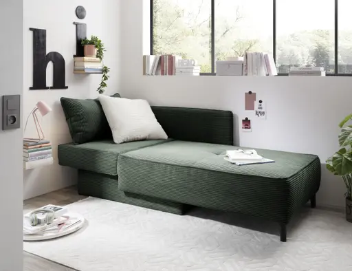 Recamiere JADYN- inkl. Schlaffunktion mit Bettkasten, Stoff, Grün