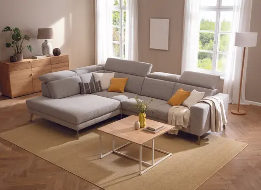 Ecksofa Braska - Loungecke links mit 2,5-Sitzer rechts, inkl. Sitzauszug (motorisch) und Kopfstütze, Stoff, Kaschmir