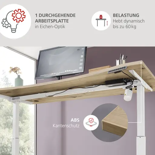 Schreibtisch - höhenverstellbar, LB ca. 160x77 cm, Artisan Eiche Nachbildung, Weiß