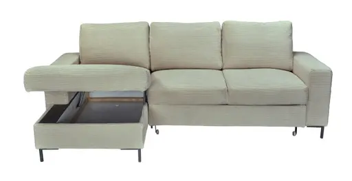 Ecksofa - Ecke links, 2-Sitzer inkl. Schlaffunktion und Bettkasten, Stoff, Creme