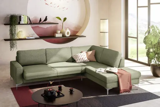 Ecksofa CALM 2.0 - 2,5-Sitzer mit Ecke rechts, Schlaffunktion mit Bettkasten, Stoff, Dunkelgrün