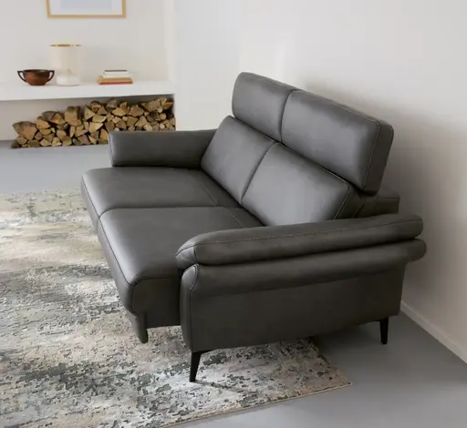 Sofa Atella - 2,5 Sitzer inkl. motorischem Sitzvorzug, Kopfteilverstellung, Leder, Anthrazit