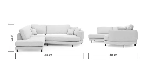Ecksofa Solenne - Ottomane links mit Diwan rund rechts, Stoff, Weiß
