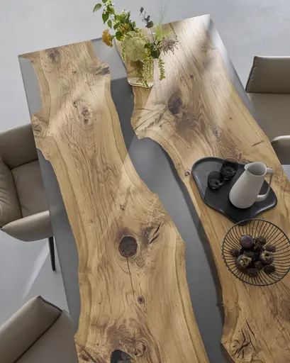 Esstisch Nera - LB ca. 220 x 110 cm, Asteiche massiv, Epoxy, Grau