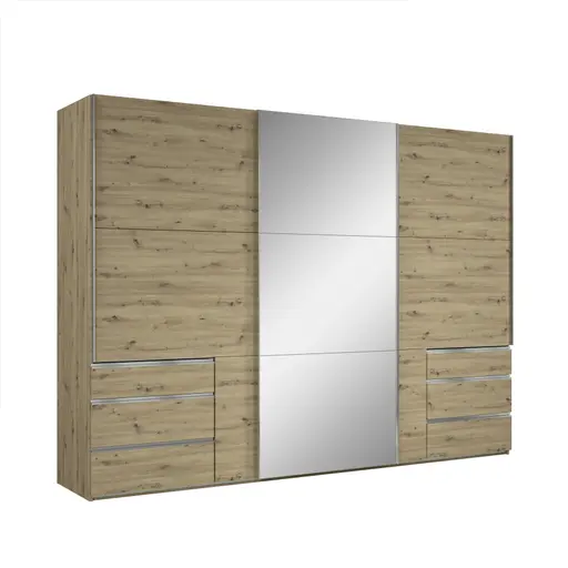 Schwebetürenschrank- B 300 cm, Eiche Dekor, Spiegel