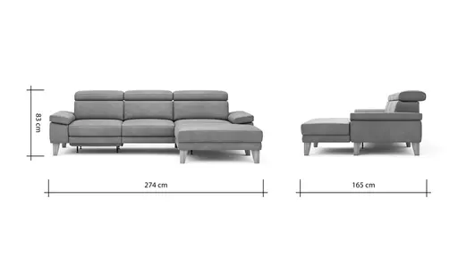 Ecksofa Hudson - 2,5-Sitzer mit Longchair rechts, inkl. Kopfteil/Armlehne verstellbar und Relaxfunktion (motorisch), Stoff, Steingrau