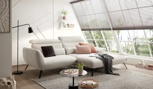 Ecksofa EM Lamego - Rückenlehne, Kopfteil und Armteil verstellbar, Stoff, Beige