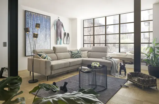 Ecksofa CHARIS - 2-Sitzer, Ecke rechts inkl. Schlaffunktion und Bettkasten, Microfaser, Sand