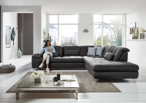 Ecksofa - 3-Sitzer mit Ecke rechts, Sitztiefe verstellbar, Stoff, Schwarz