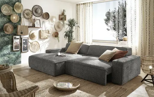 Ecksofa - Longchair links mit 2-Sitzer, Sitzvorzug motorisch, Stoff, Steingrau