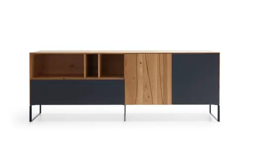 Sideboard Mileto - Asteiche massiv, Natur geölt, Glas, Schwarzgrau