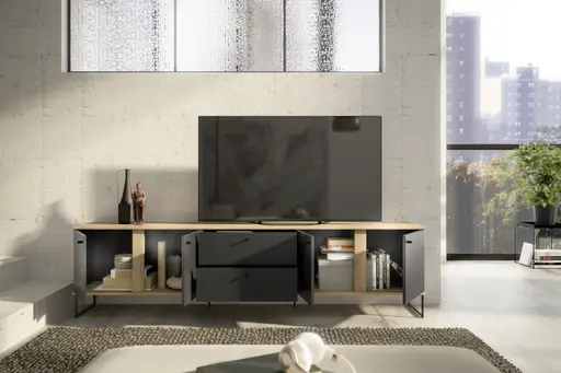 Lowboard - B ca. 225 cm, Anthrazit, Evoke Eiche Nachbildung