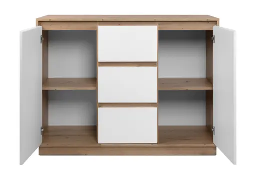 Kommode - B ca. 117 cm, Artisan Eiche Nachbildung, Weiß Hochglanz