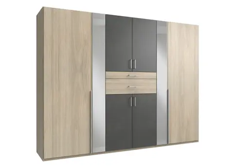 Drehtürenschrank- B ca. 270 cm, Eiche Dekor, Grau, Spiegel