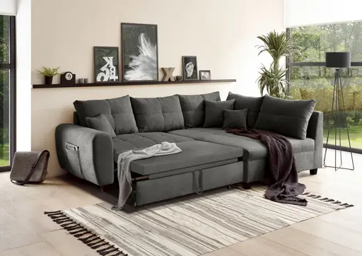 Ecksofa - 1,5-Sitzer, Ecke rechts, Schlaffunktion, Microvelour Steingrau