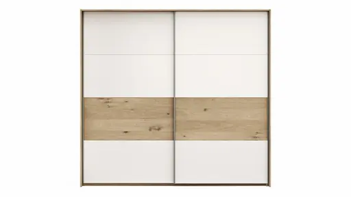 Schwebetürenschrank Viana - B ca. 218 cm, Furnier, Balkeneiche, Weiß