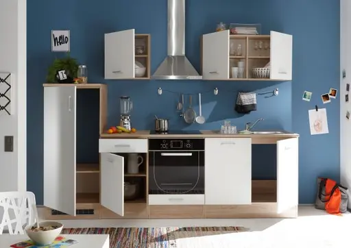 Küchenblock- ohne E-Geräte, B ca. 270 cm, Eiche Dekor, Weiß Matt