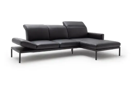 Ecksofa Noto - 2,5-Sitzer mit Longchair rechts inkl. Rückenlehne verstellbar, Leder, Schwarz