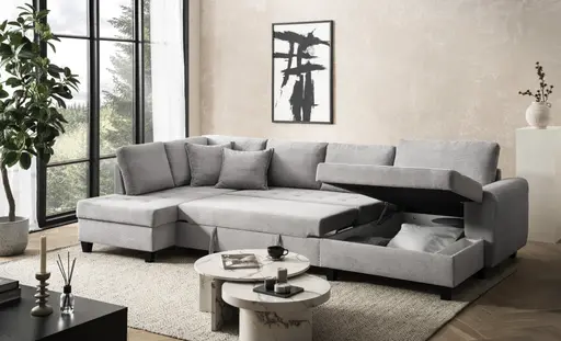 Wohnlandschaft - Longchair links, 2-Sitzer, Ecke rechts inkl. Schlaffunktion mit Bettkasten, Stoff, Hellgrau