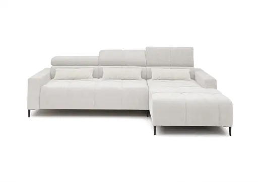Ecksofa - 2-Sitzer mit Longchair rechts, Sitztiefe verstellbar motorisch/Kopfteil verstellbar, Stoff, Creme