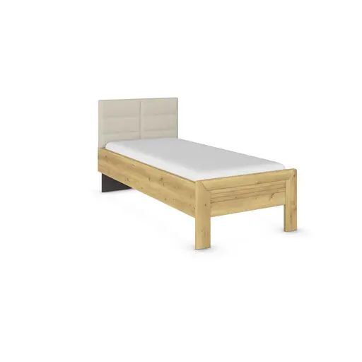 Bett - Liegefläche ca. 100x200 cm, mit Polsterkopfteil Champagner, Stollenfuß Asteiche Massiv