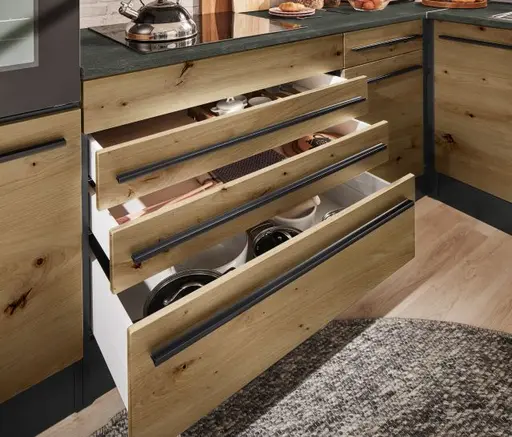 Küchenblock Eck- ohne E-Geräte, B ca. 320 cm, Anthrazit, Eiche Dekor