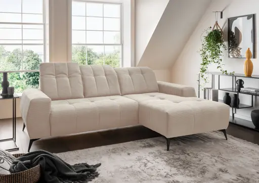 Ecksofa - 2-Sitzer mit Longchair rechts, Kopfteil verstellbar, Sitzvorzug motorisch, Stoff, Beige