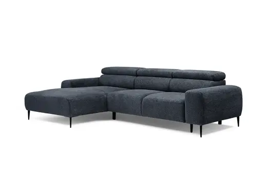 Ecksofa - Longchair links mit 2-Sitzer, Sitzvorzug motorisch, Kopfteil verstellbar, Stoff, Blau