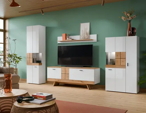 Vitrine - B ca. 55 cm, Alpinweiß, Coast Evoke Eiche Nachbildung, Weiß Hochglanz