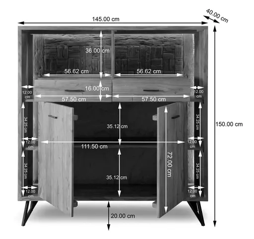 Highboard - mit Beleuchtung, B ca. 145 cm, Akazie massiv
