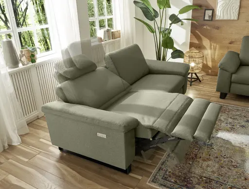 Sofa CALM PLUS 2.0 - 3-Sitzer, Relaxfunktion teilmotorisch inkl. Kopftstütze, Stoff, Olive