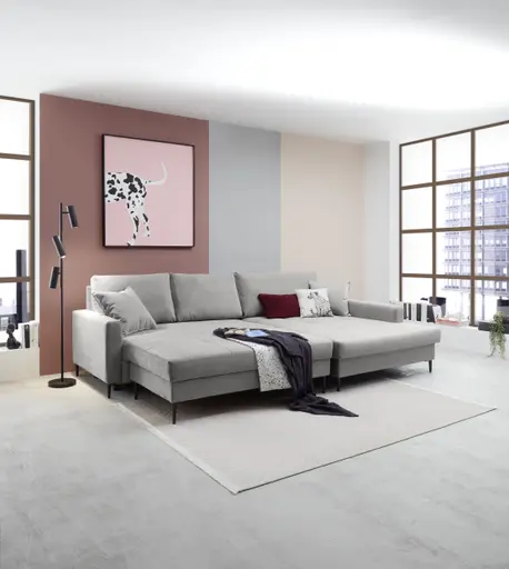 Ecksofa - 3-Sitzer mit Longchair rechts, Schlaffunktion mit Bettkasten, Stoff, Eisengrau