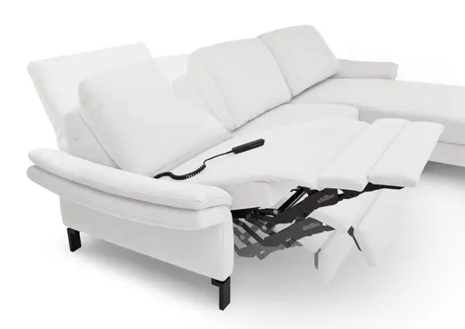 Ecksofa CALM PREMIUM 2.0 - Longchair links mit 3-Sitzer, Relaxfunktion motorisch, Armlehne verstellbar, Stoff, Hellgrau