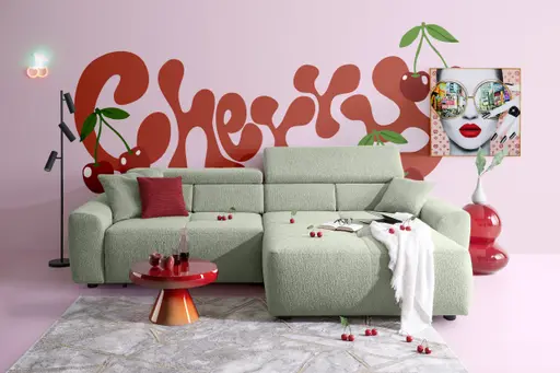 Ecksofa JYTTE - Sofa 2-sitzig mit Longchair rechts, Stoff, Lindgrün