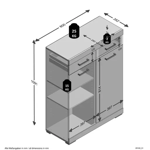 Kommode- Grau, Eiche Dekor