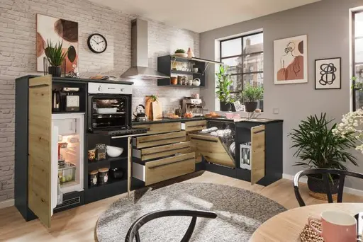 Küchenblock Eck- Inkl. E-Geräte, B ca. 320 cm, Anthrazit, Eiche Dekor